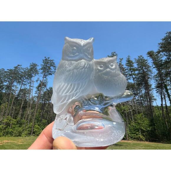 Frosted & Clear Glass Two Owls sitting on branch. Birds. Shelf Decor.Paperweight - Picture 1 of 11
